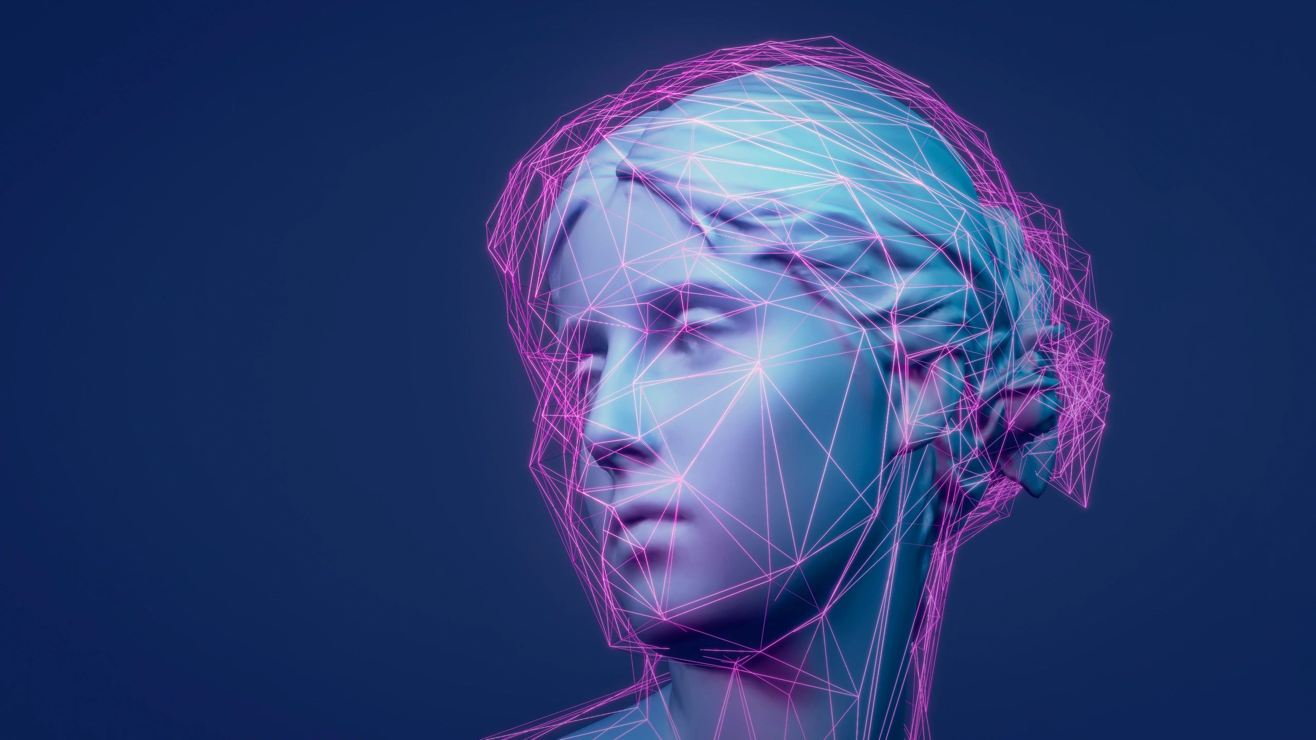 Abstract metaverse avatar sculpture with glowing network lines