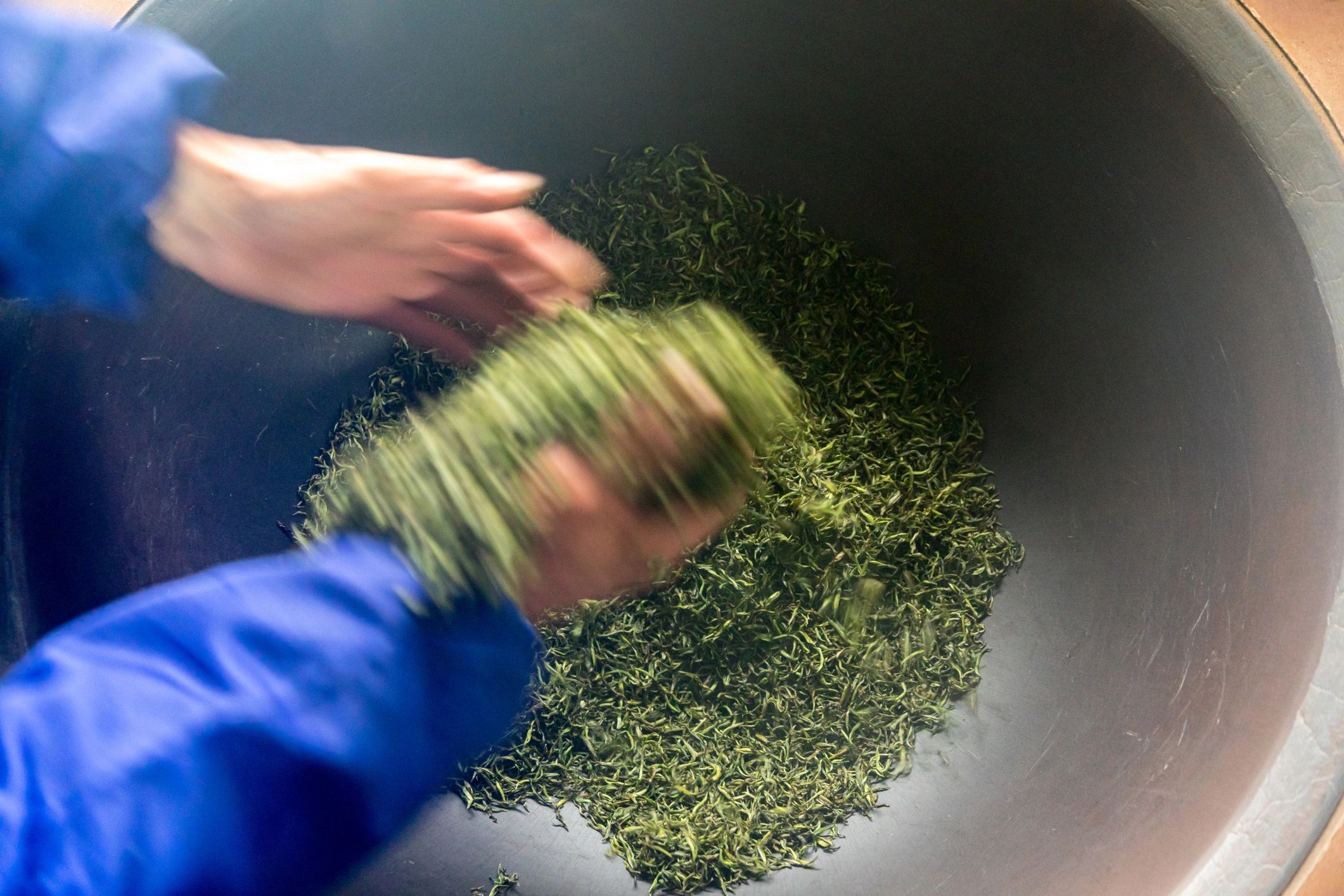 Green tea leaves in a basket