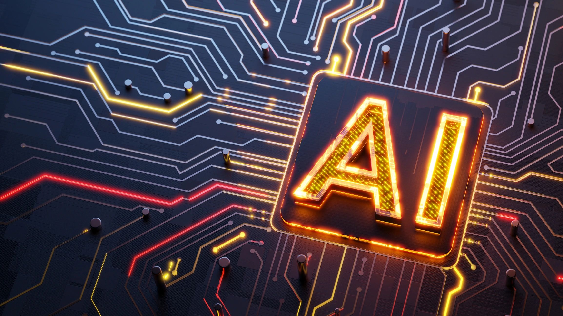 Glowing AI symbol on circuit board with light trails