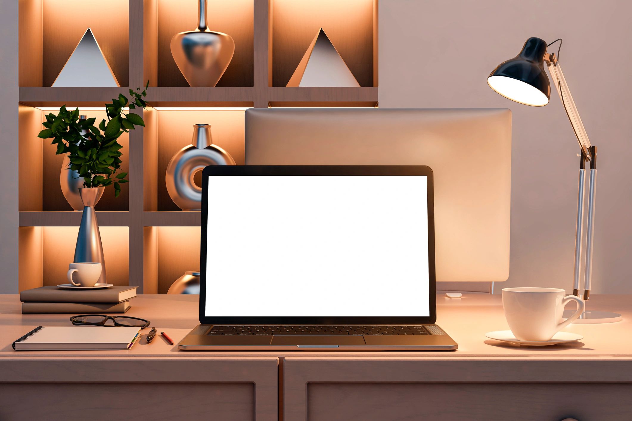 Warm modern desk setup with laptop and cozy lighting